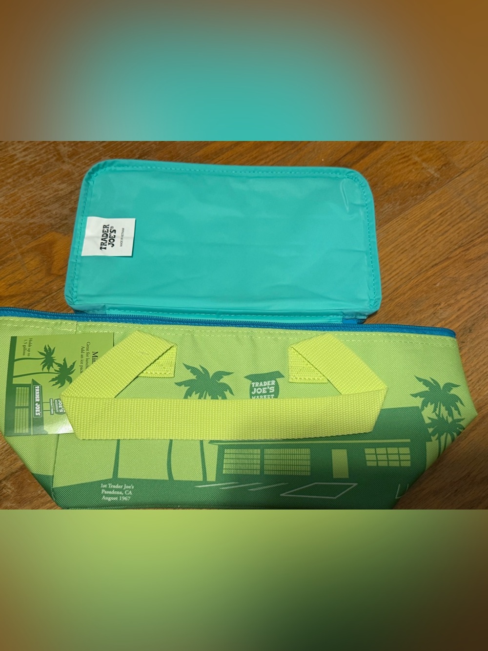 Trader Joe’s green and blue insulated mini tote bag